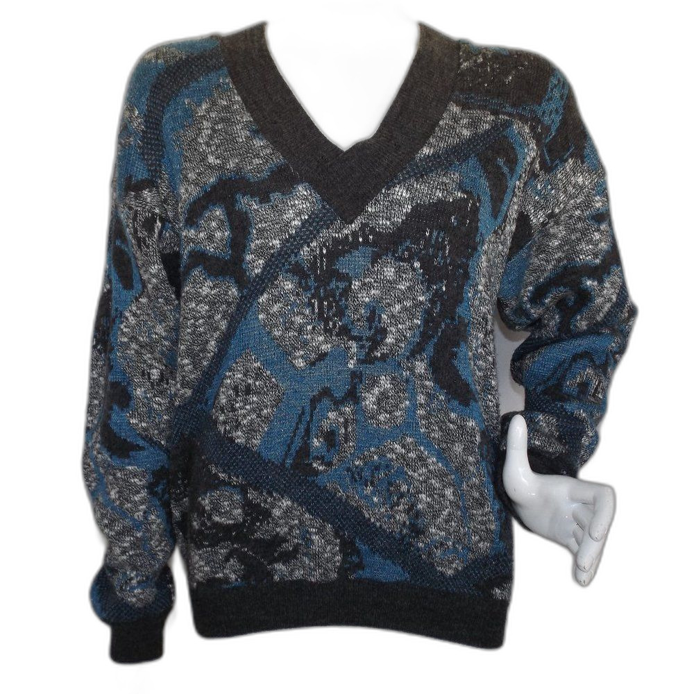 PRINCE BELLINI Sweater, M, Acrylic/Wool, V-neck, Abstract Pattern, VINTAGE